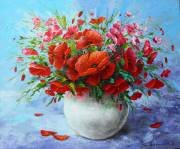Poppies in a flowerpot.canvas/oily paints