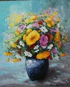 Yellow flowers in a blue vase.canvas/oily paints