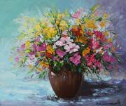 Bouquet of summer flowers in a flowerpot.canvas/oily paints