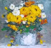 A flower pot with yellow flowers.cardboard/oily paints